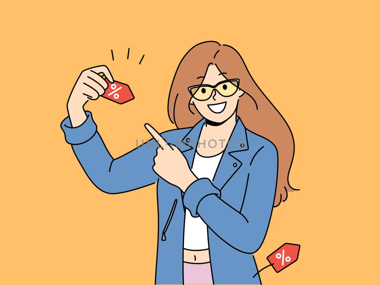 Happy woman announces discounts for shopping and buying clothes, pointing finger at tag with percentage symbol. Girl promoter invites to sale in mall and promises big discounts on black friday