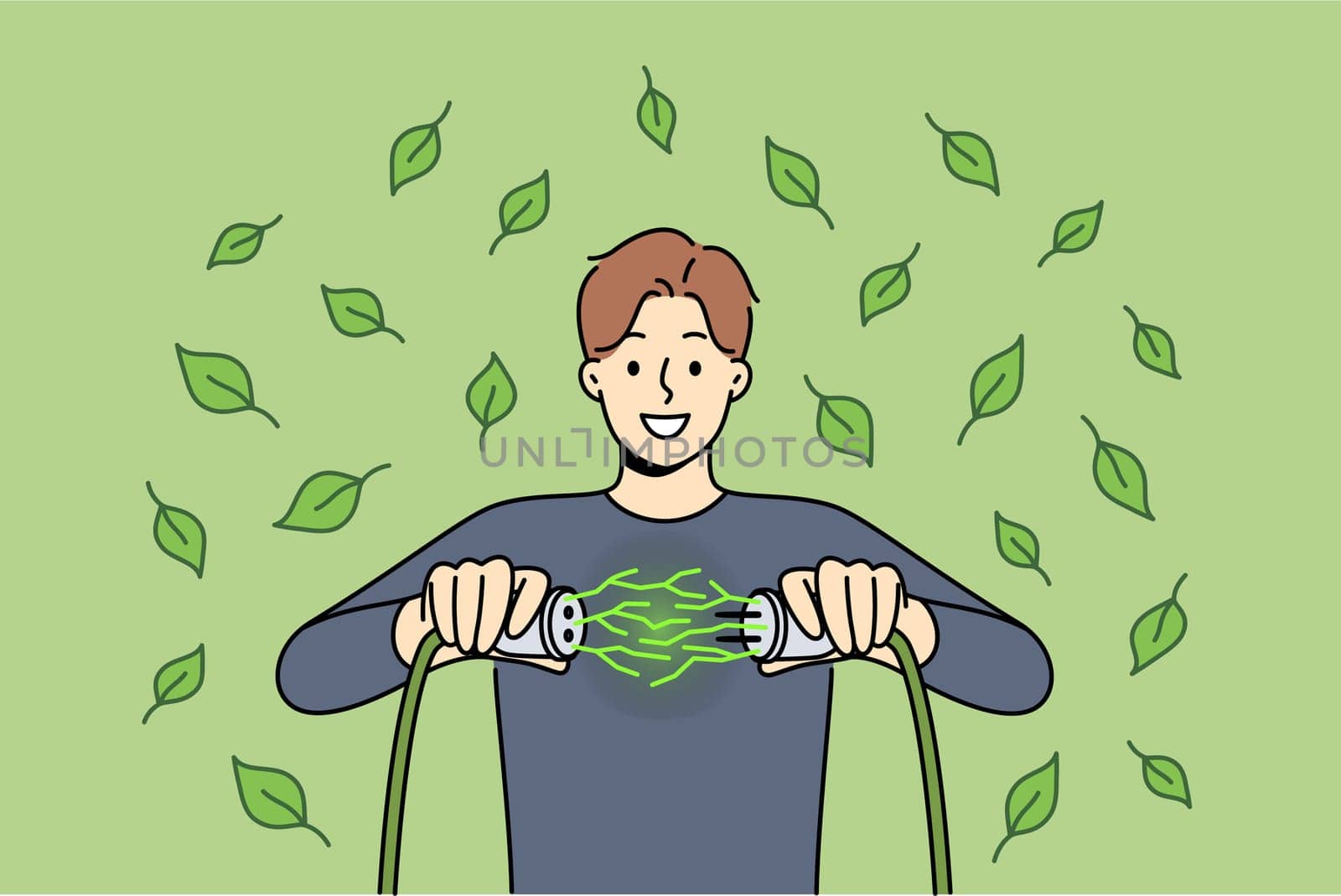 Man uses green energy obtained from environmentally friendly or alternative sources and connects two wires. Guy rejoices at receiving regenerative green energy to reduce co2 emissions
