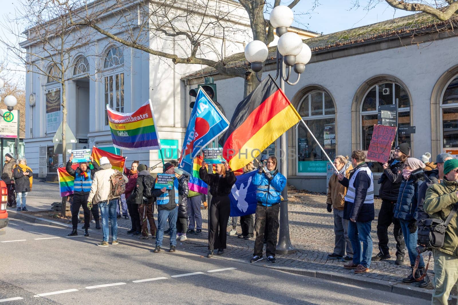 Wiesbaden, Germany - January 8, 2024: farmer with their tractors demonstrate for cutting down the price for diesel fuel and against the german government.