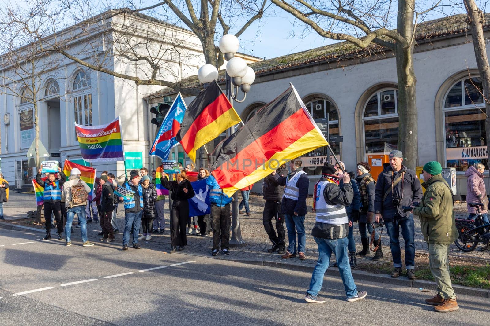 Wiesbaden, Germany - January 8, 2024: farmer with their tractors demonstrate for cutting down the price for diesel fuel and against the german government.