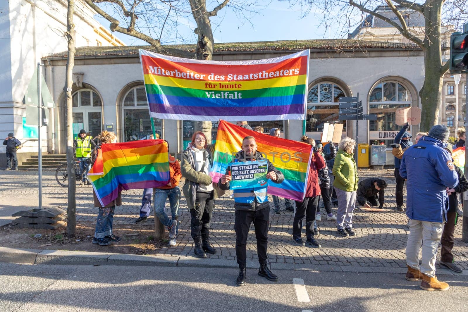 Wiesbaden, Germany - January 8, 2024: farmer with their tractors demonstrate for cutting down the price for diesel fuel and against the german government.