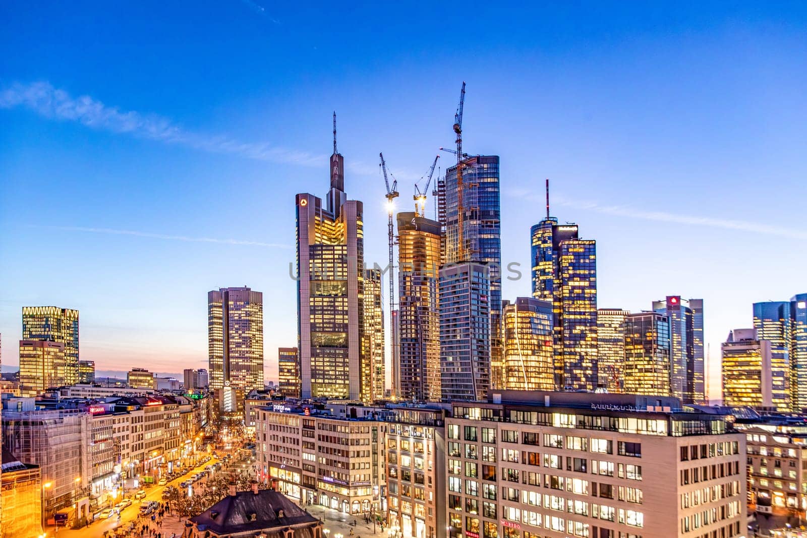 Frankfurt, Germany - February 2, 2024: scenic aerial view to skyline of Frankfurt with skyscraper in dawn
