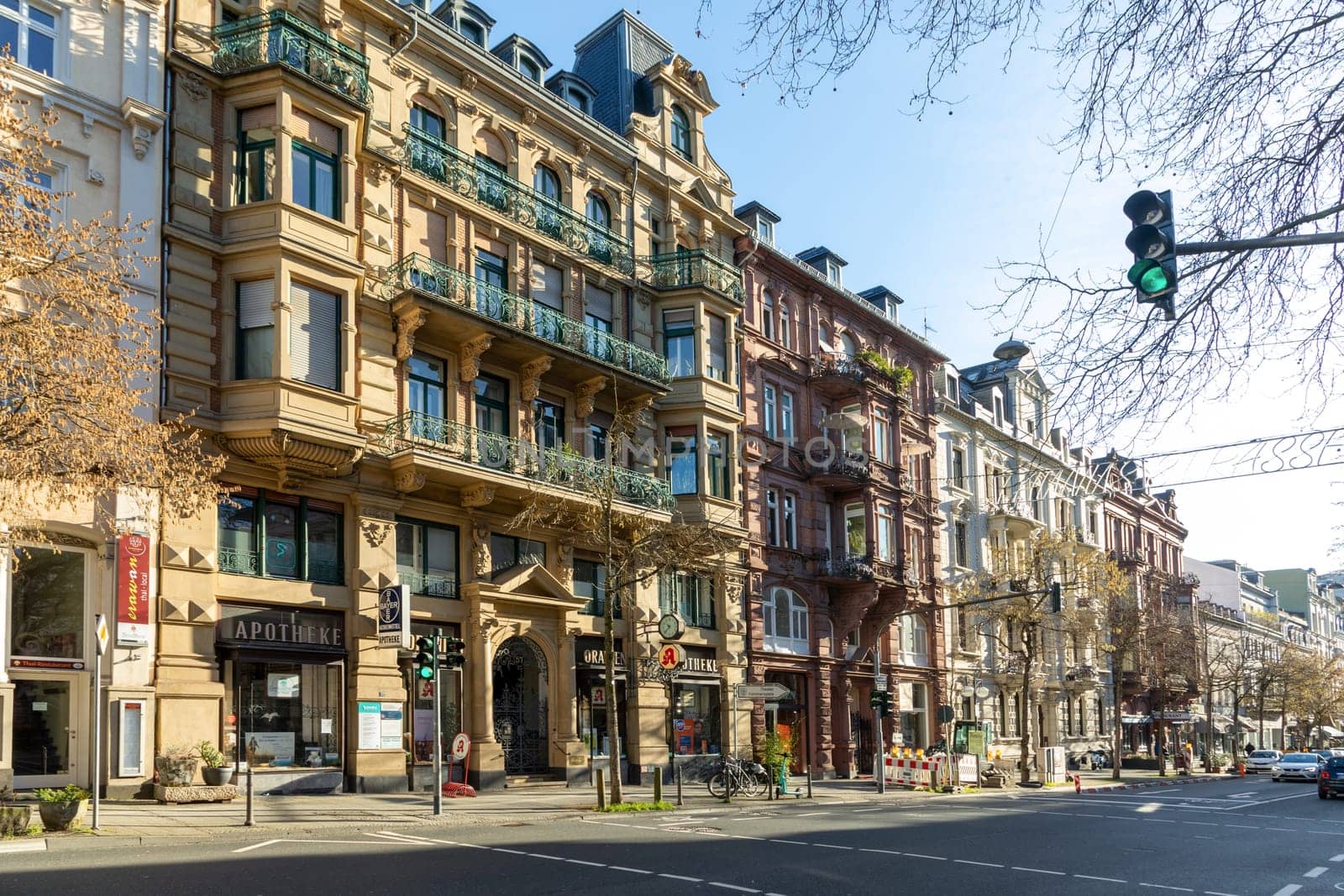 Wiesbaden, Germany - January 28, 2024: historic Taunusstrasse in Wiesbaden, a former street with lot of antique shops, old buildings from 19th century and restaurants.