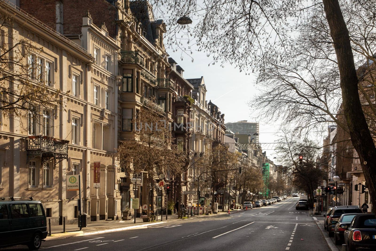 Wiesbaden, Germany - January 28, 2024: historic Taunusstrasse in Wiesbaden, a former street with lot of antique shops, old buildings from 19th century and restaurants.
