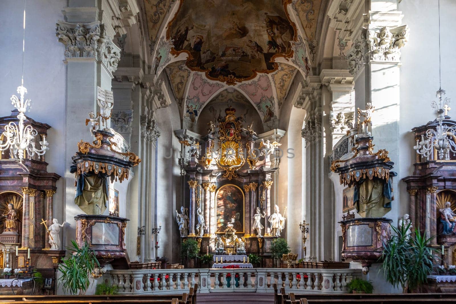 Amorbach, Germany - January 27, 2024: the catholic church St. Gangolf was built by architect Alexander Jakob Schmitt in baroque stile and is famous for its beauty.