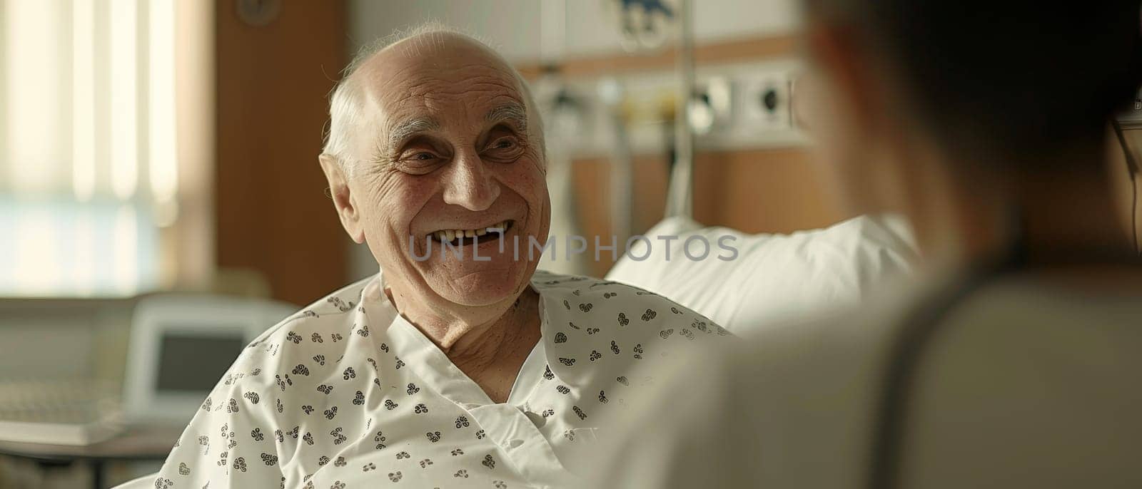 In a hospital setting, an elderly man shares a gleeful exchange with a visitor, his joyful demeanor shining through despite the clinical backdrop