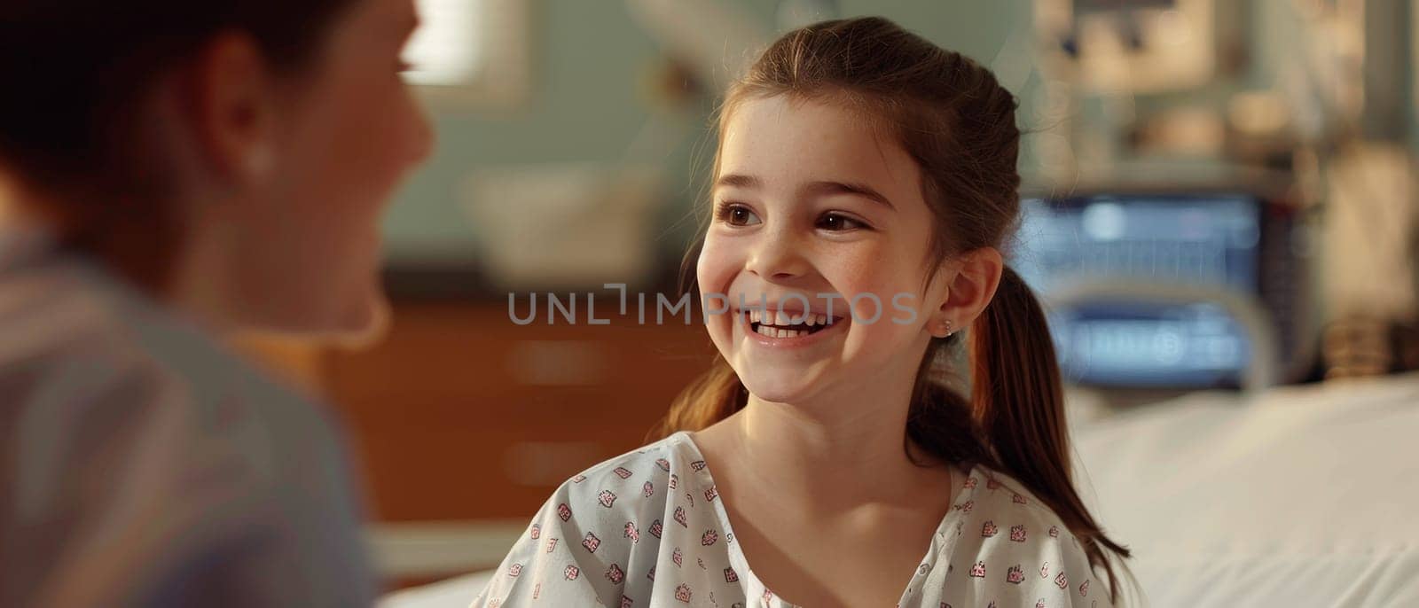 A young girl, wide-eyed and smiling, chats animatedly in a bright hospital ward, her joyful energy casting a warm glow