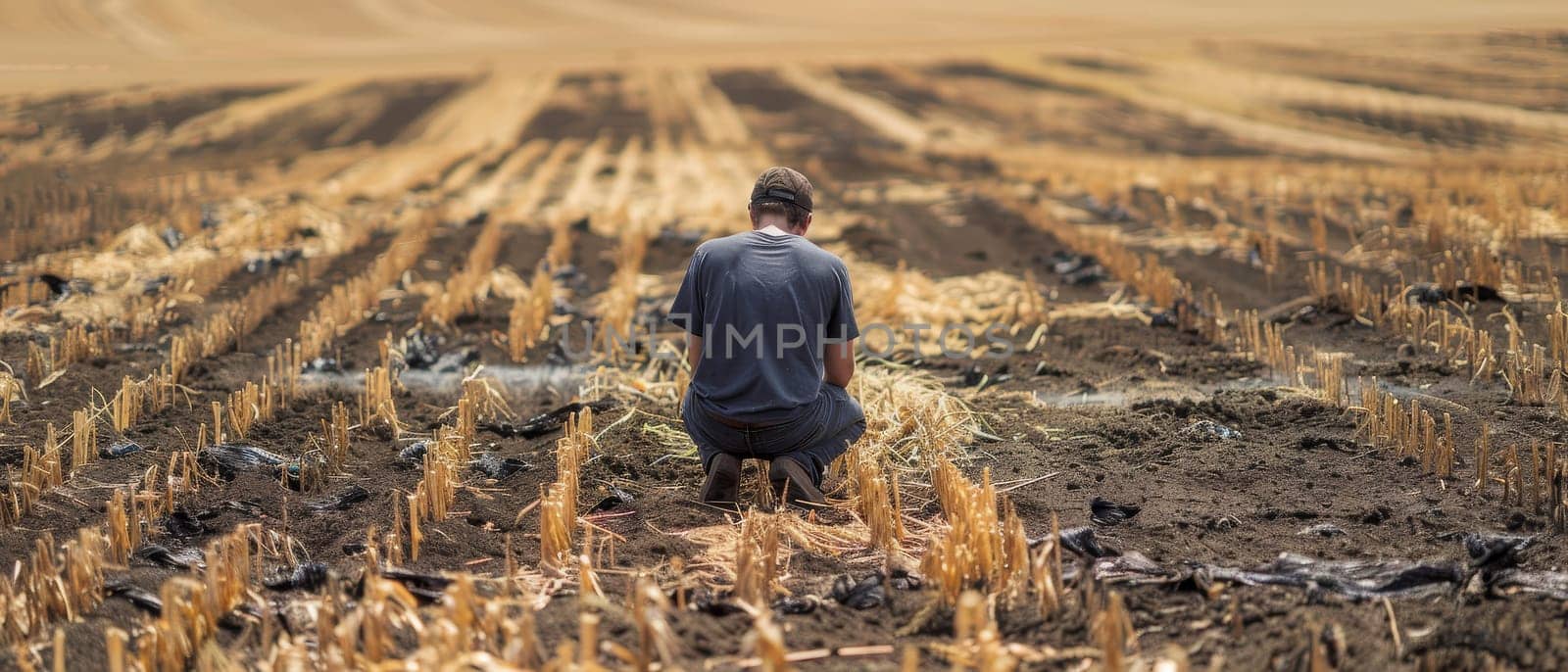 Amid the charred remnants of a harvested field, a man in contemplation looks out over the land that provides, reflecting on the cycles of agriculture. The panoramic view of the farm underscores