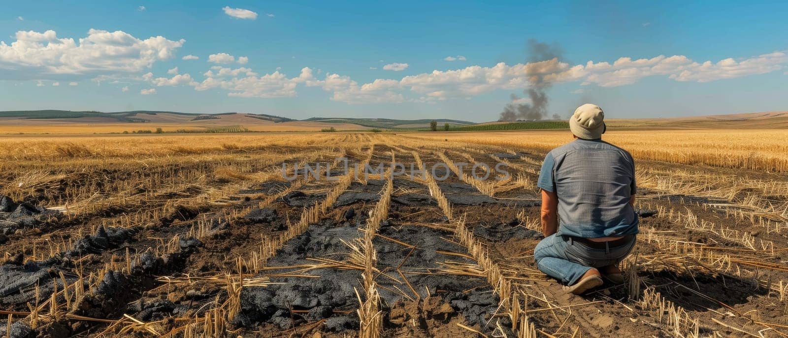 A figure observes the aftermath of a field fire, the contrast between burnt ground and the distant golden crops tells a story of loss and survival