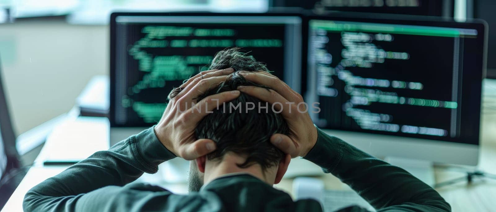 A system administrator exhibits clear signs of stress, surrounded by servers in a high-tech environment. His concern is underscored by the critical data displayed across screens