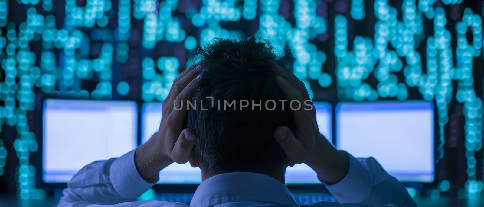 A stressed male programmer stands amidst a sea of digital data screens, his hands clutching his head in frustration. The intensity of the blue-hued data center highlights the critical nature