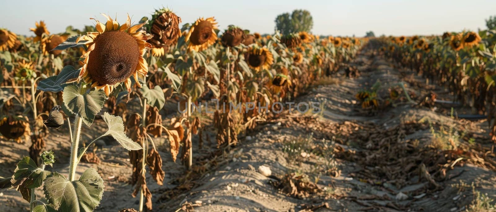 A lone withered sunflower stands prominently in a parched field, a stark symbol of drought's impact. The background reveals a landscape of desiccated flora, underlining the severity of water scarcity