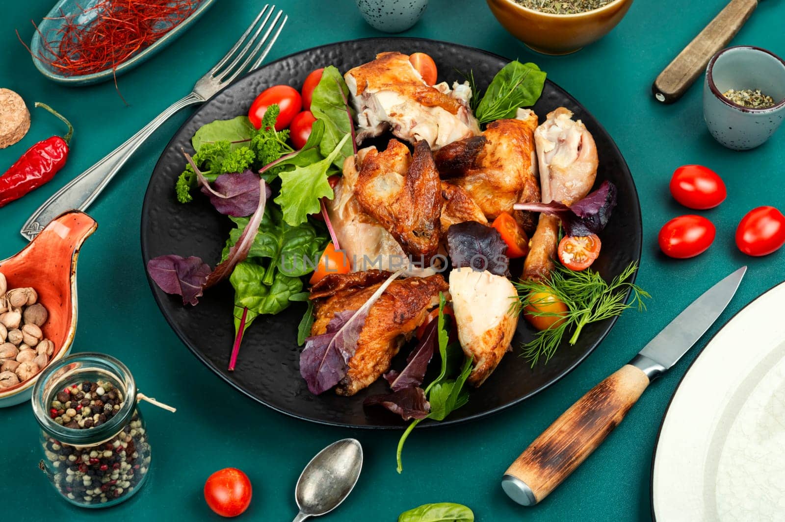 Sliced baked grilled chicken on a plate. Meat poultry.