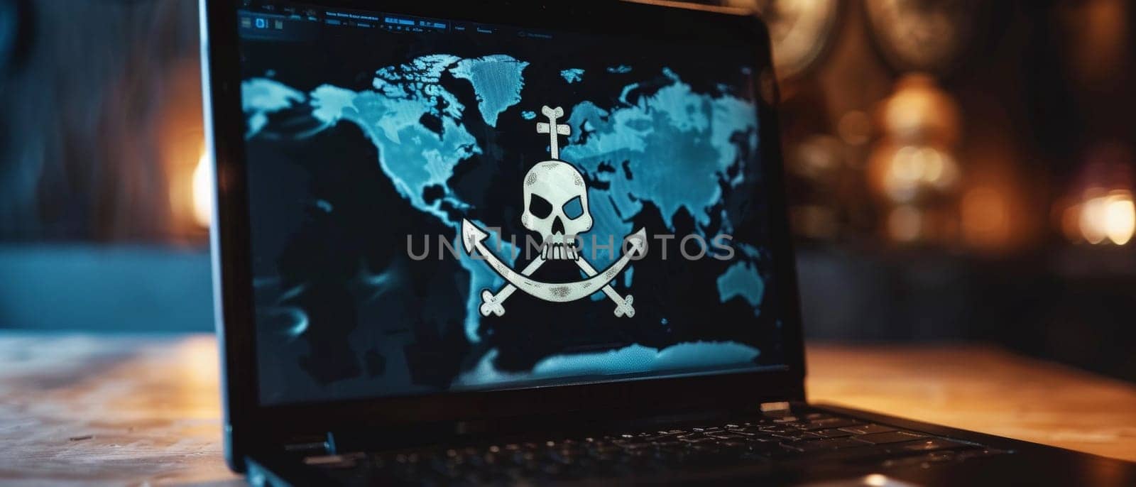 The image on a laptop depicts a skull superimposed on a world map, representing a global cybersecurity threat