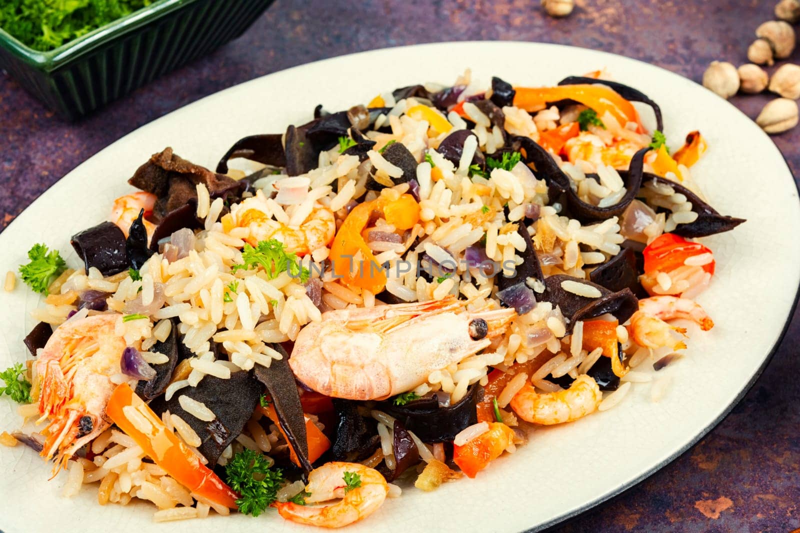 Shrimp fried rice serves on the dish. Thailand popular meal.