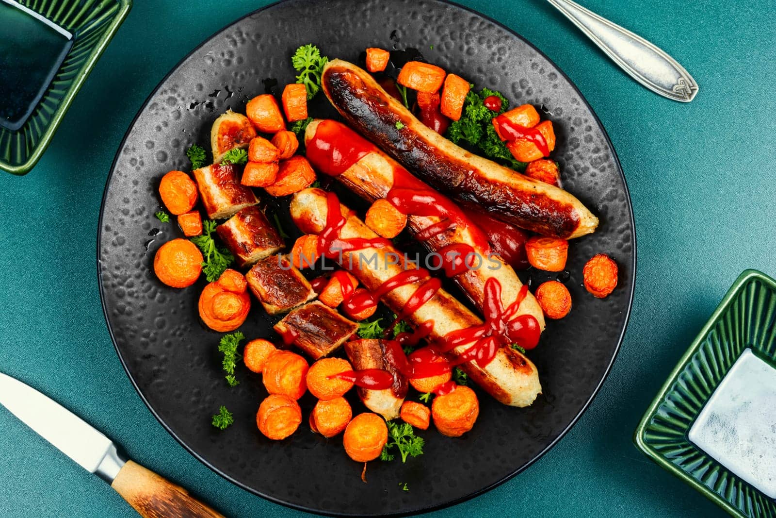 Baked or grilled turkey sausages with roasted carrots on the plate. German BBQ menu.