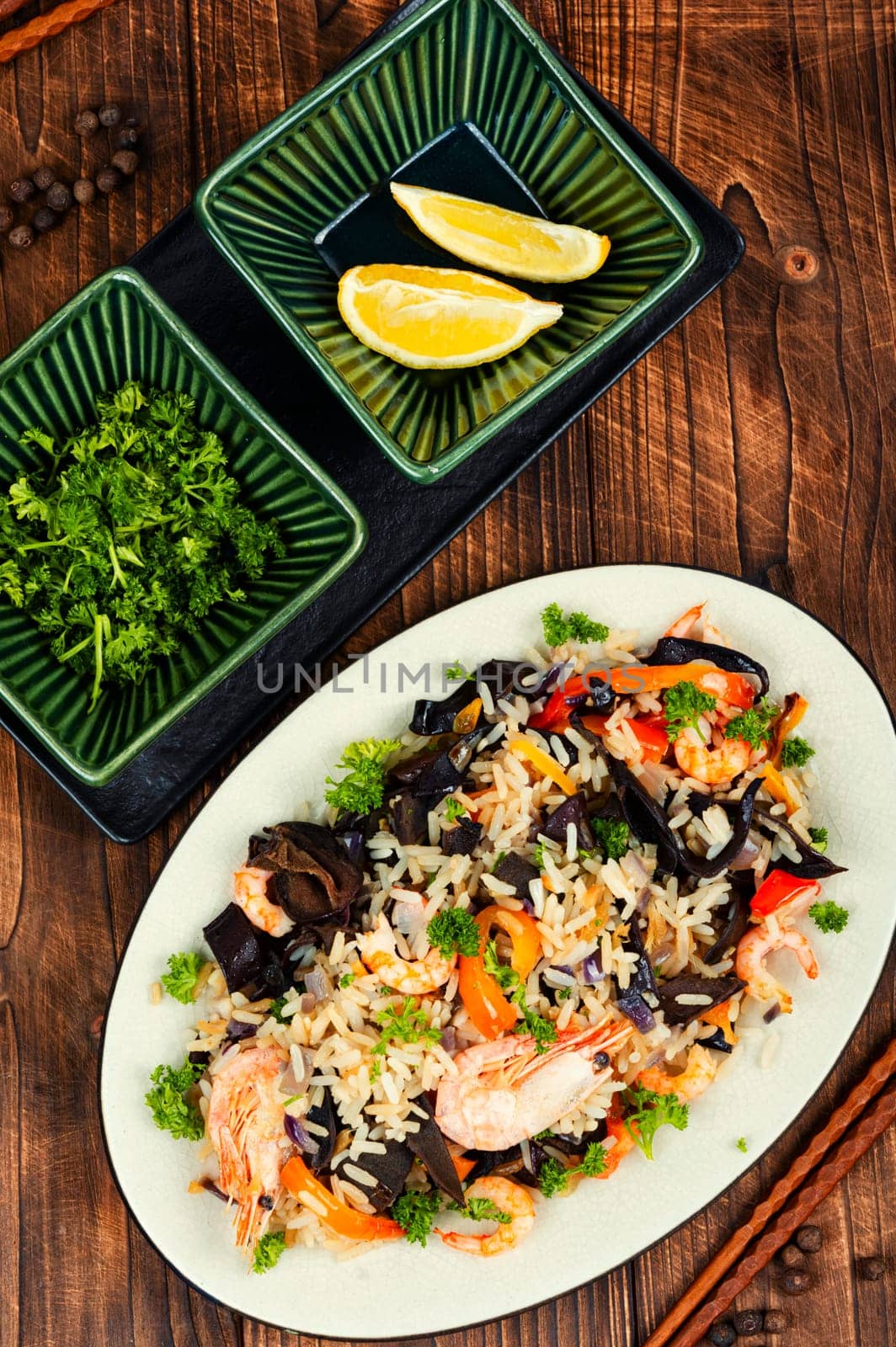 Shrimp fried rice serves on the dish. Thailand popular meal.
