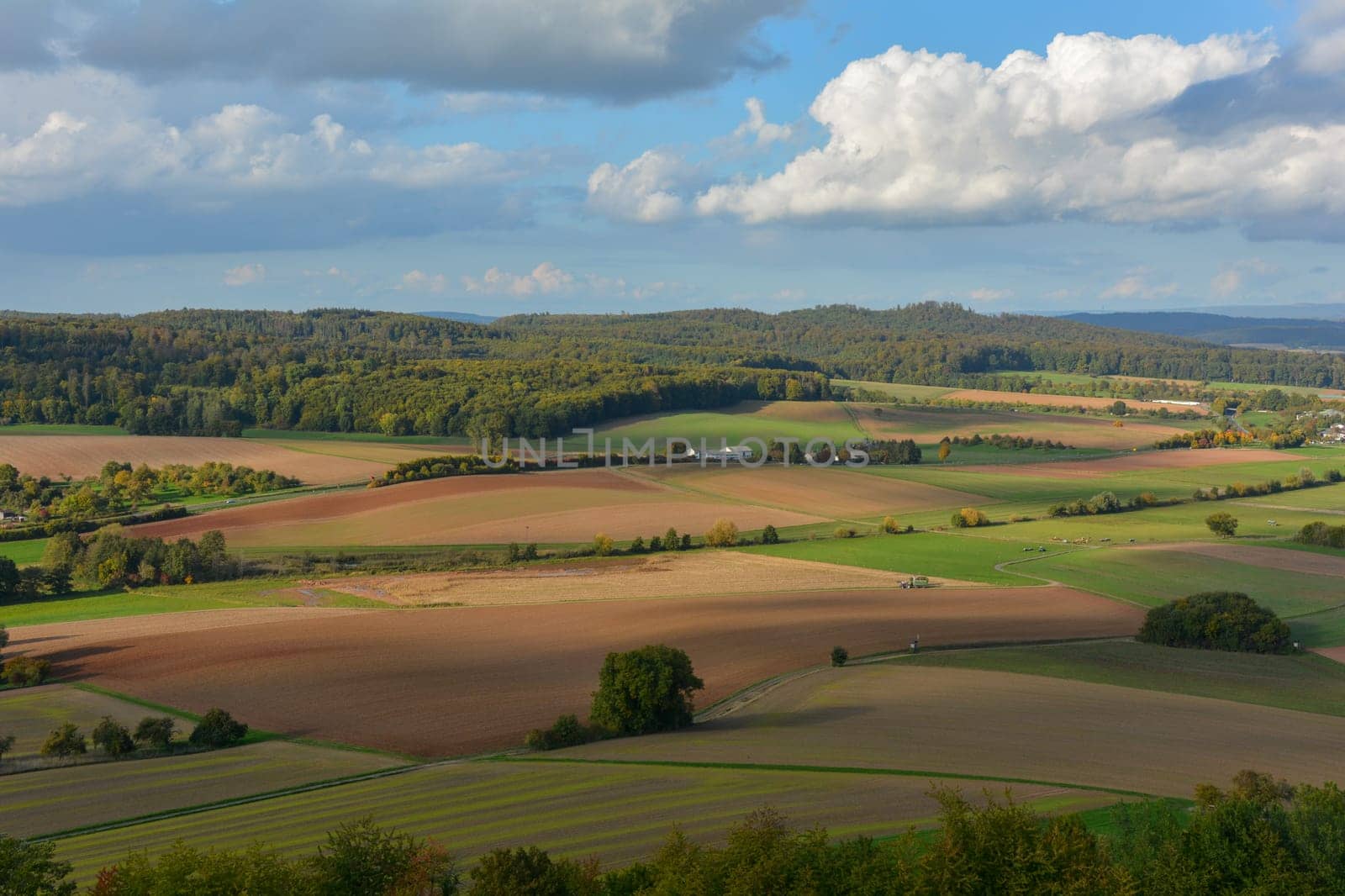 Top view of a green landscape with farmland, forest and blue sky