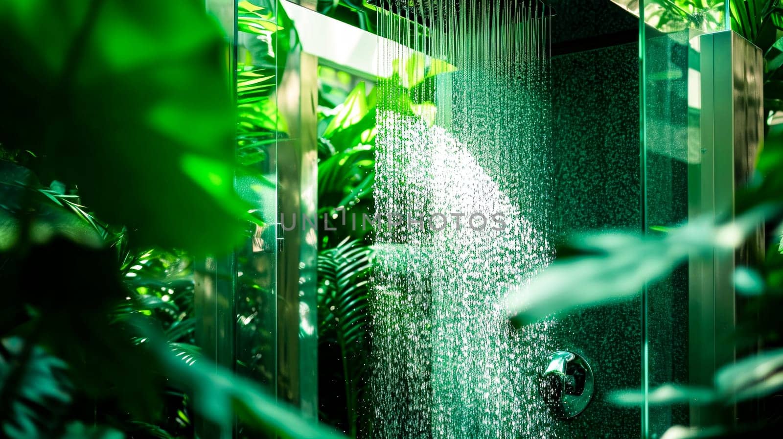 Eco-Friendly Shower Amidst Greenery. shiny chrome shower with water flowing out of it