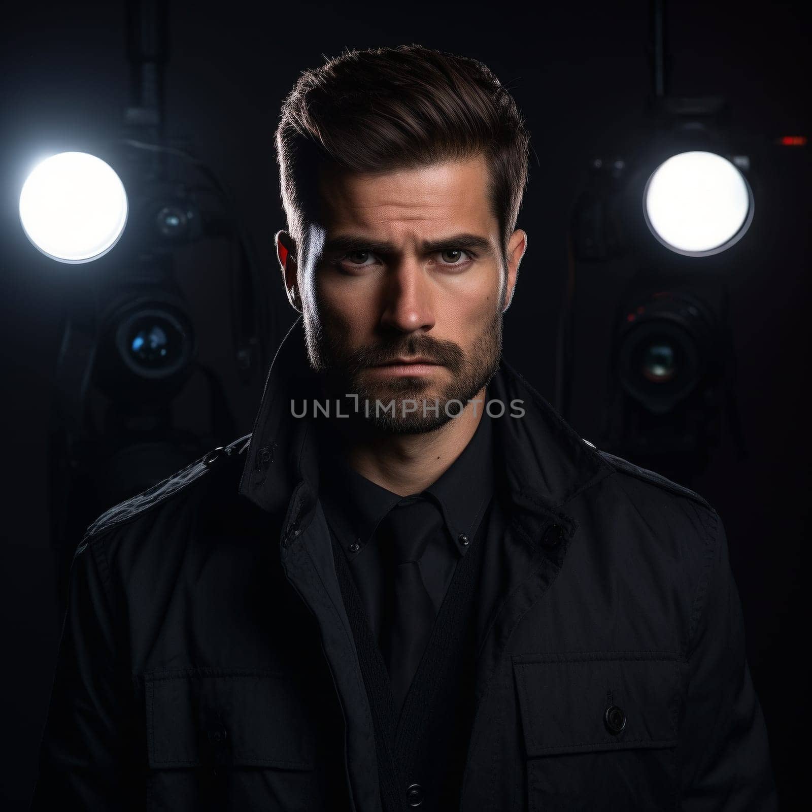Portrait of a stern-looking man with intense gaze, backlit by dramatic spotlights in a dark environment.