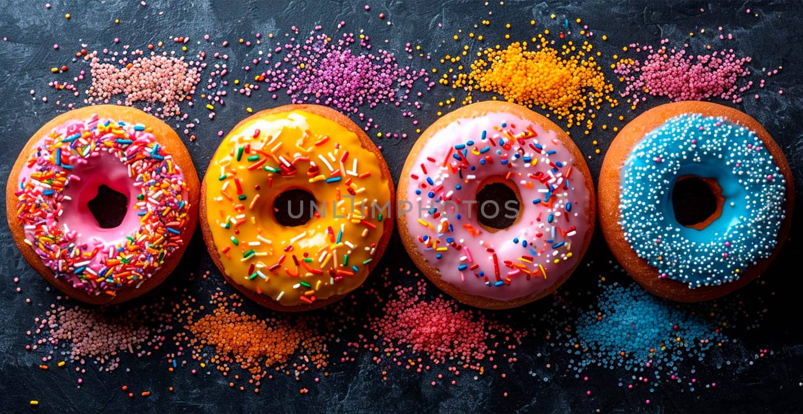Multi-colored donuts, delicious snack AI generated image