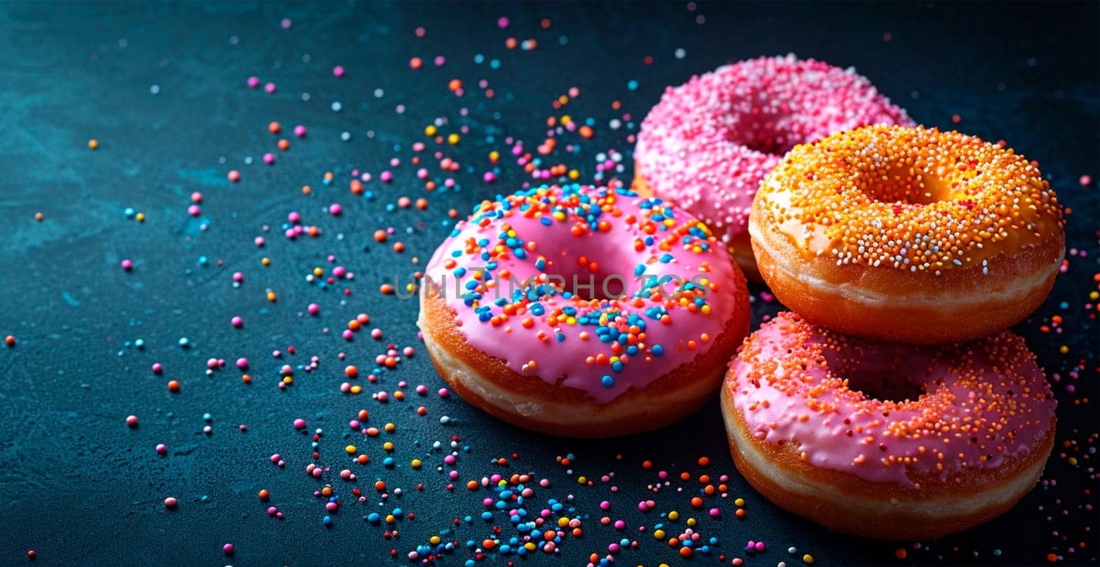 Multi-colored donuts, delicious snack AI generated image