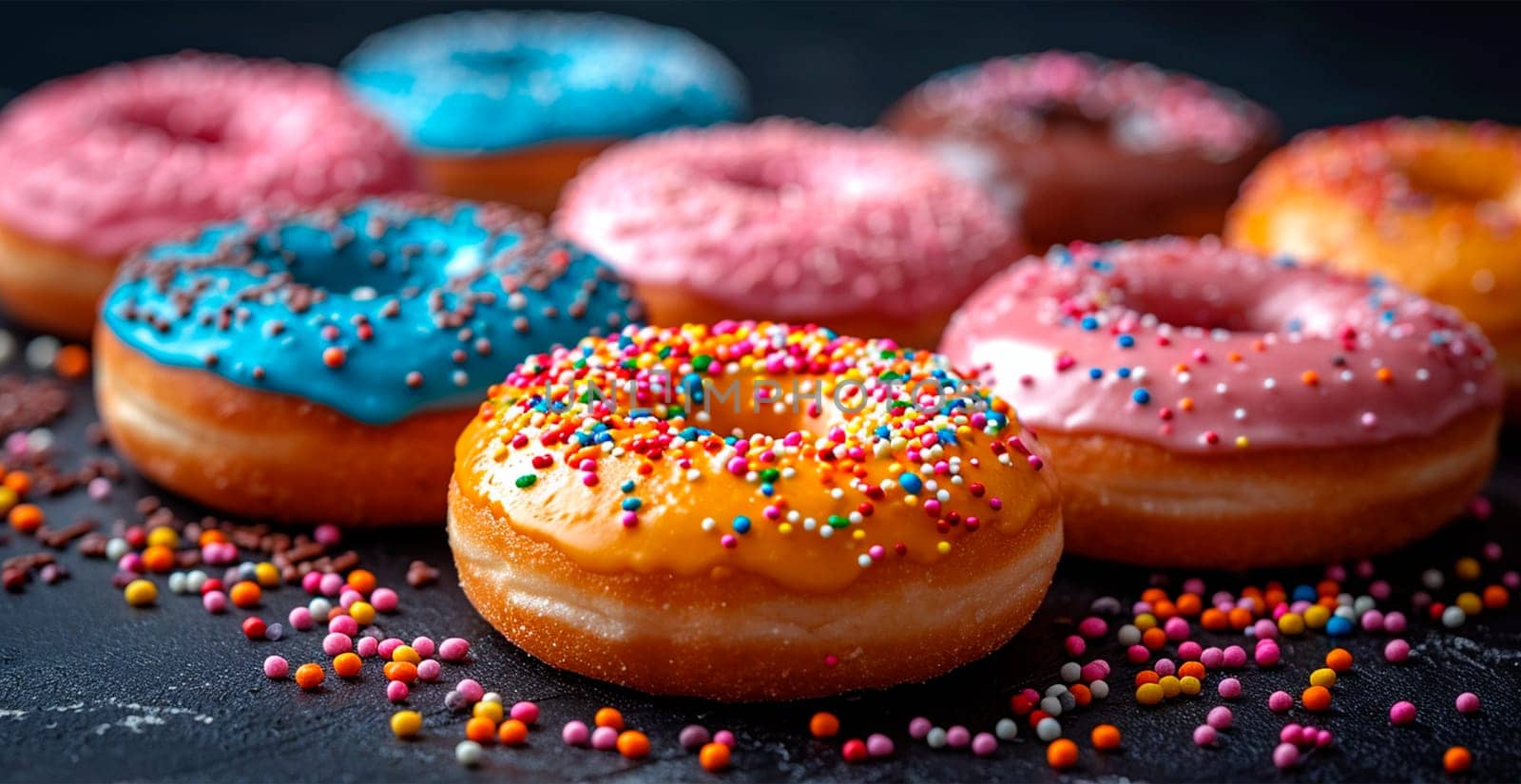 Multi-colored donuts, delicious snack AI generated image