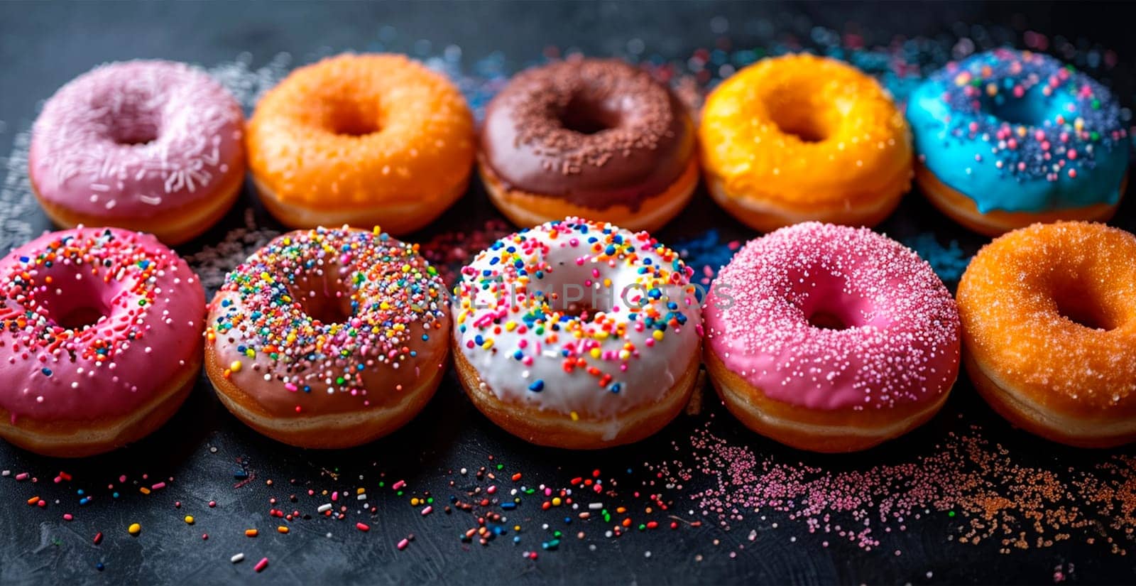 Multi-colored donuts, delicious snack AI generated image