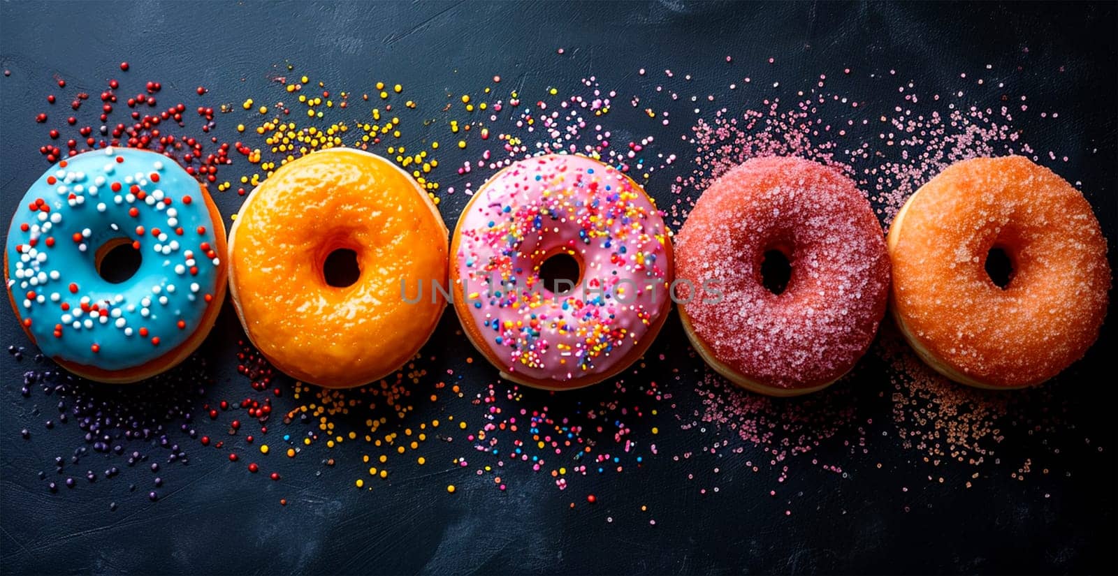 Multi-colored donuts, delicious snack AI generated image