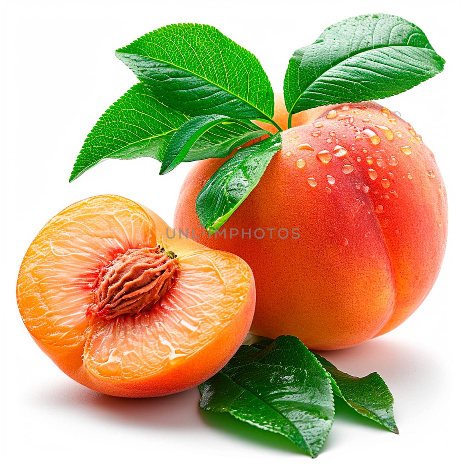 Southern fruit, peaches on white isolated background AI generated image