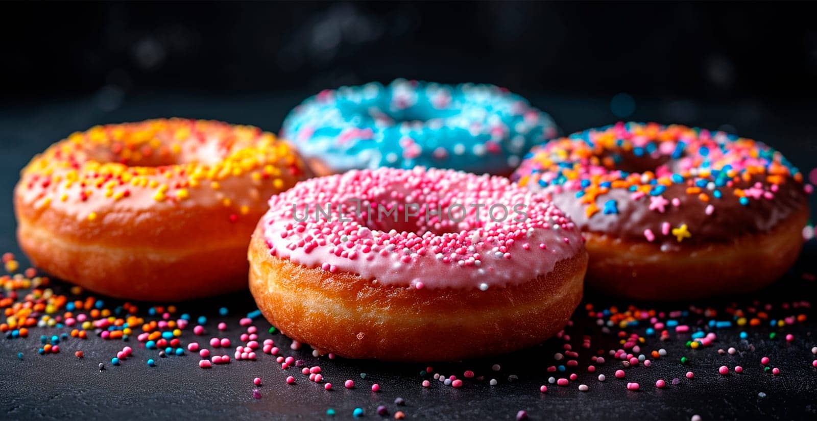 Multi-colored donuts, delicious snack AI generated image