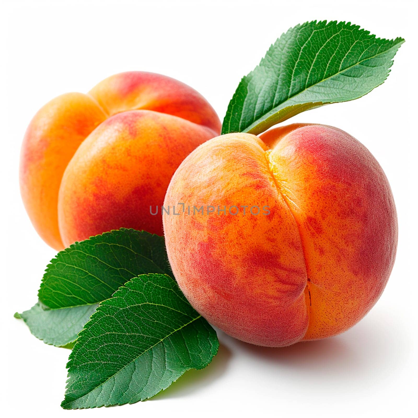 Southern fruit, peaches on white isolated background AI generated image