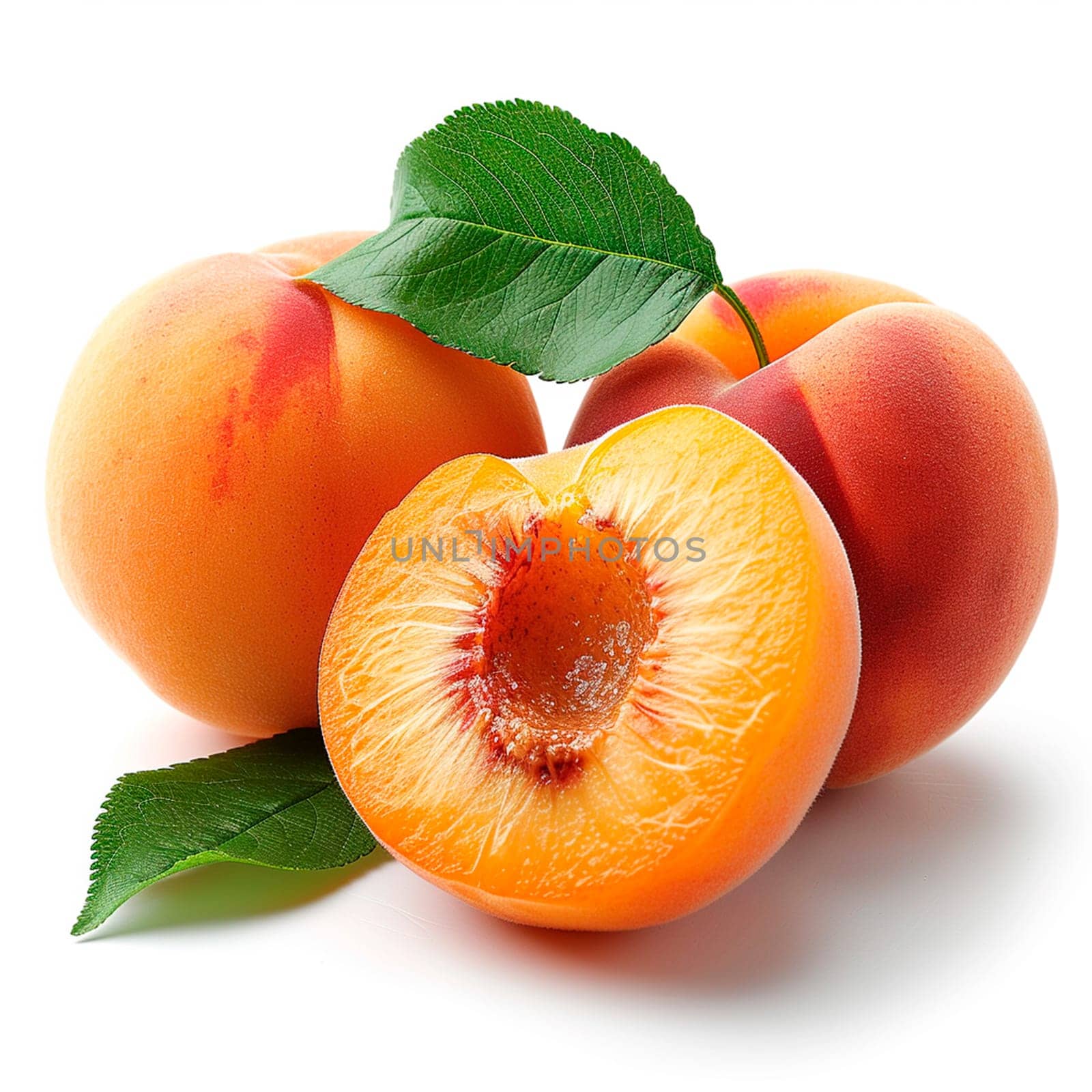 Southern fruit, peaches on white isolated background AI generated image