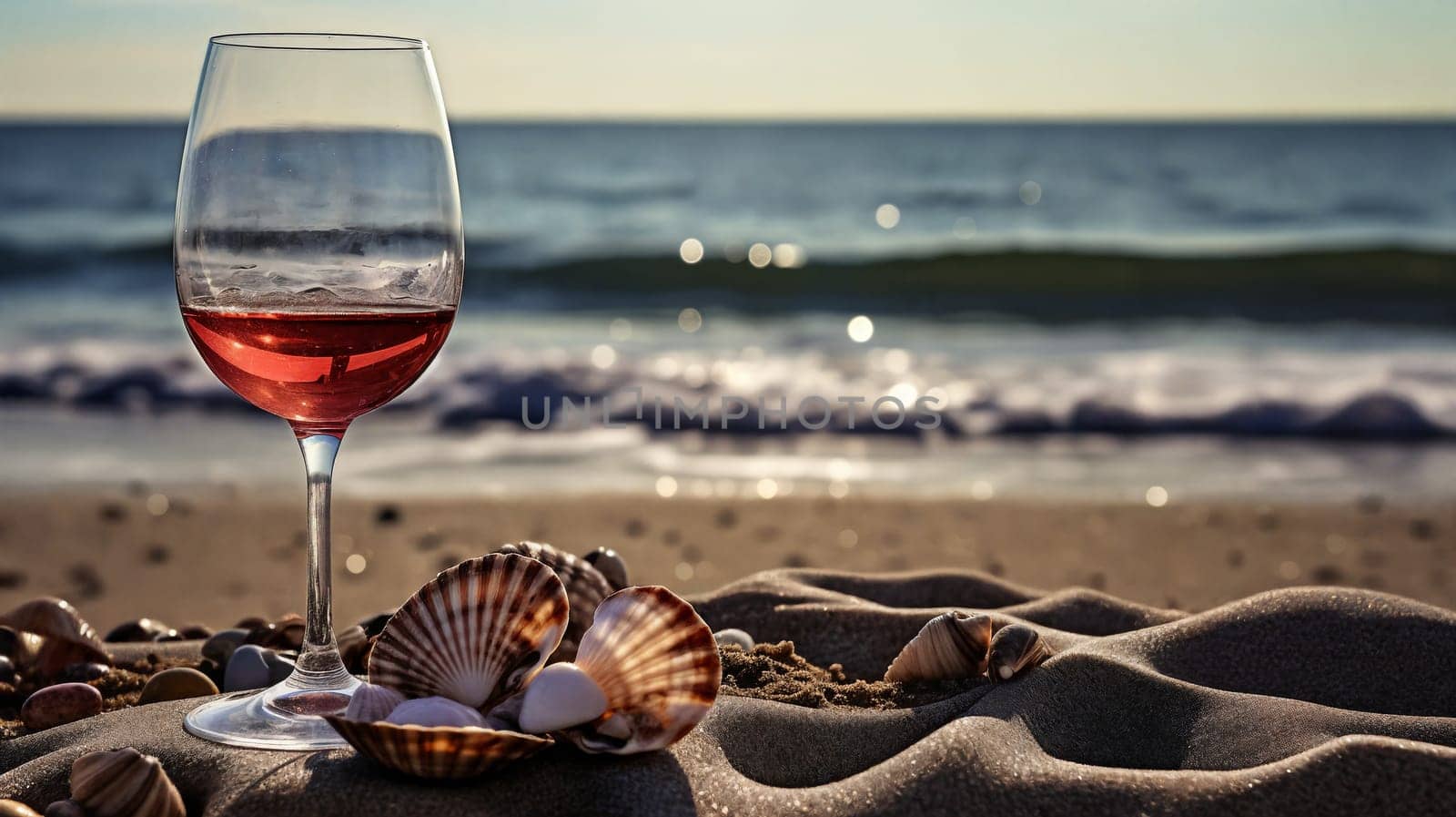 Glass of wine on the beach at sunset. Generative AI