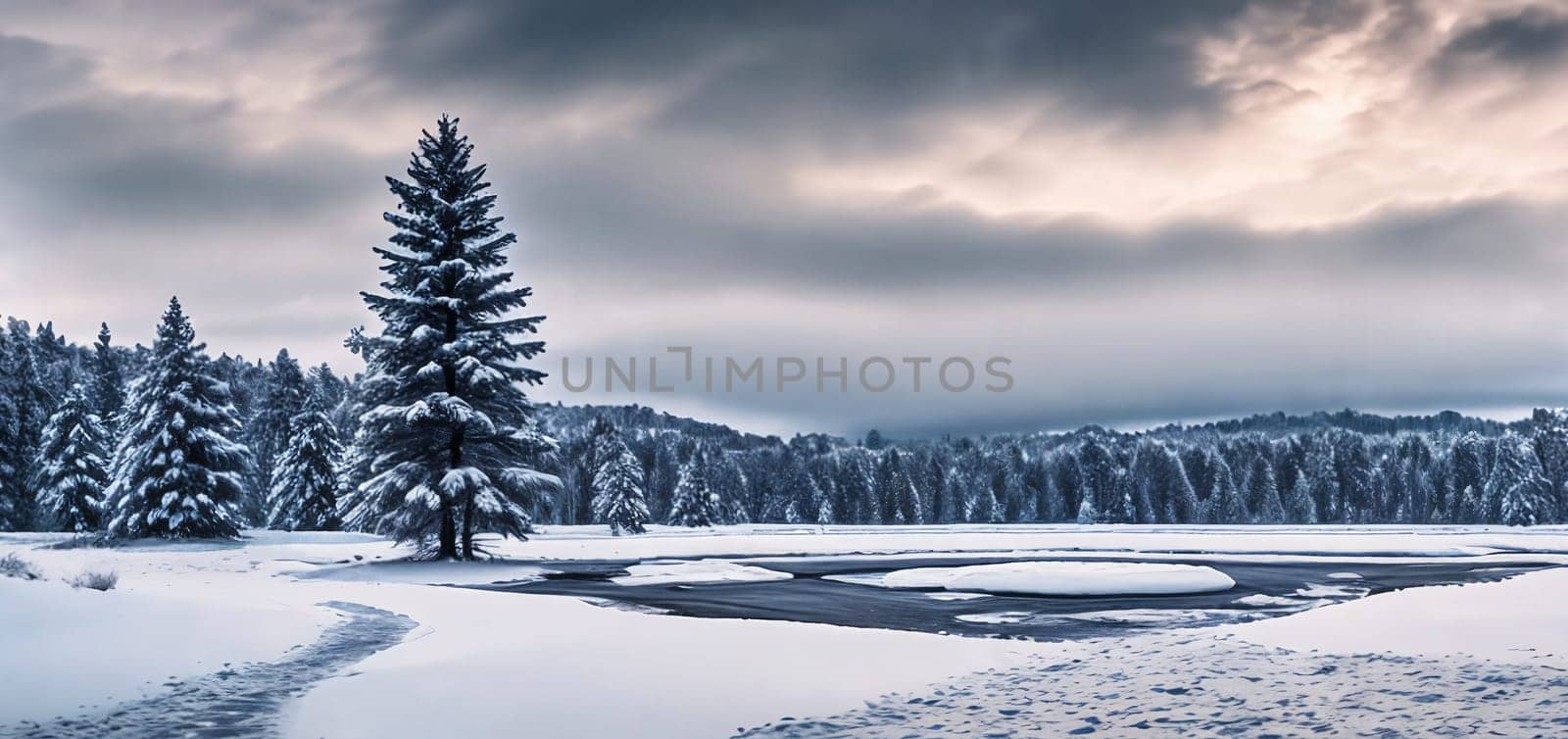 A serene winter landscape, picturesque panorama. Snow-covered landscapes, frost-covered trees, and wintery scenes. Generative
