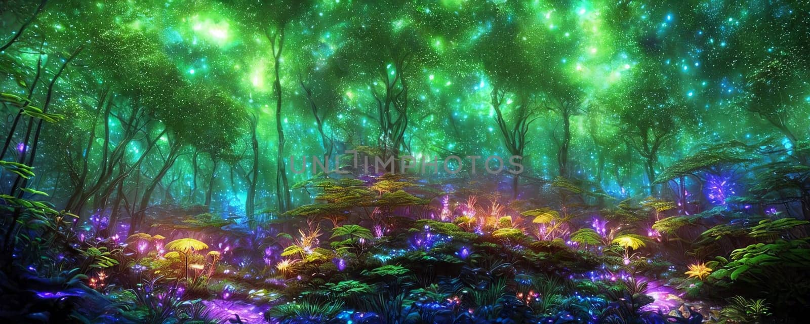 A mystical forest at night with luminescent plants and firefly-like creatures lighting up the scene. AI Generated