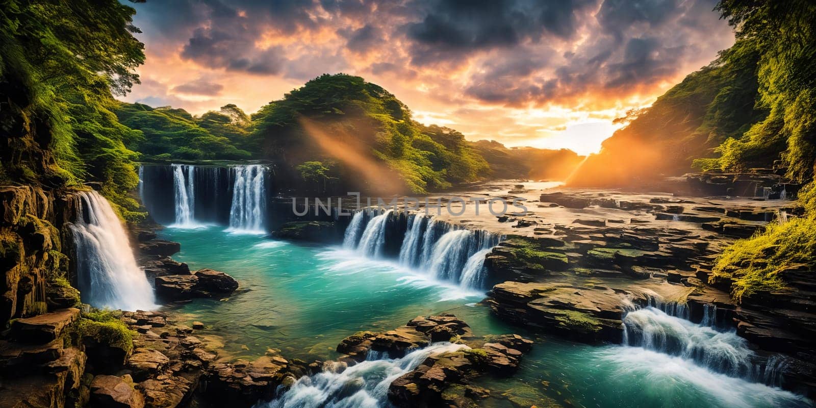 Fantasy landscape with waterfall at sunset, panorama.