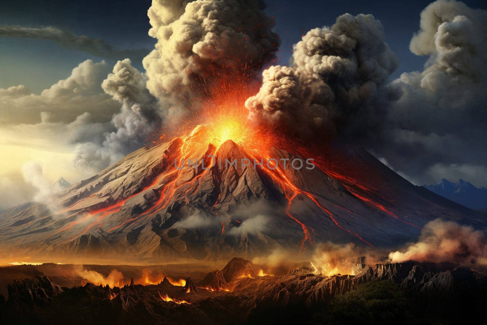 A majestic volcano spewing lava, dark plumes rising against a fiery sky. Landscape transformed in the wake of nature's fury. Generative AI.