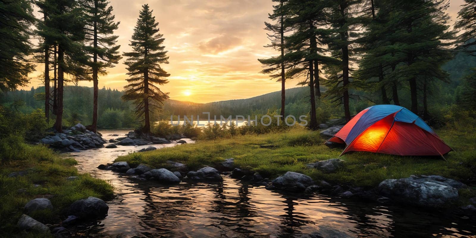 A breathtaking scene at dusk: a serene mountain forest by a glittering lake with a tent pitched. Generative AI
