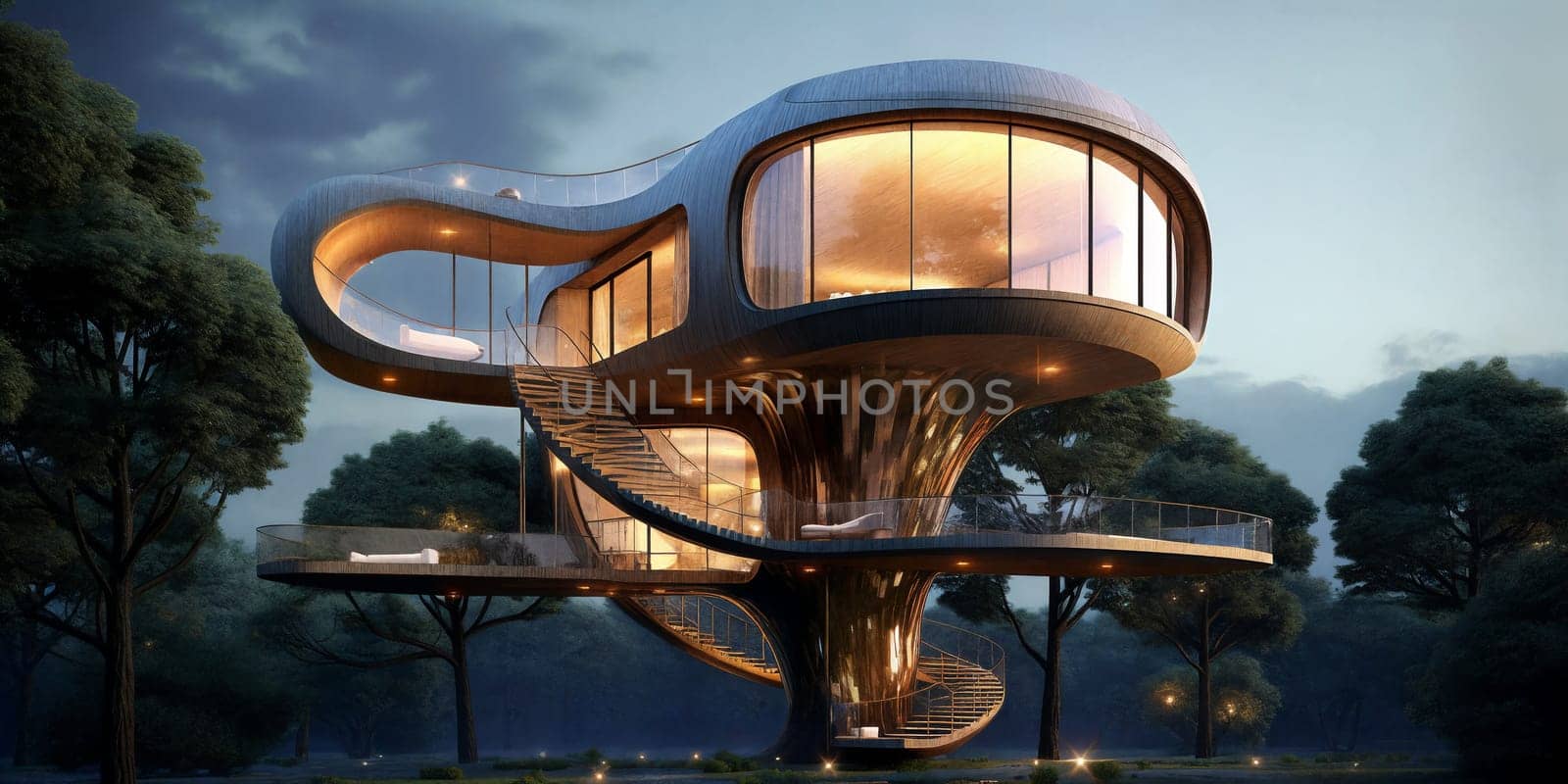 A contemporary treehouse perched high on sturdy branches, featuring sleek glass walls and a spacious deck for stargazing at night. Generative AI.