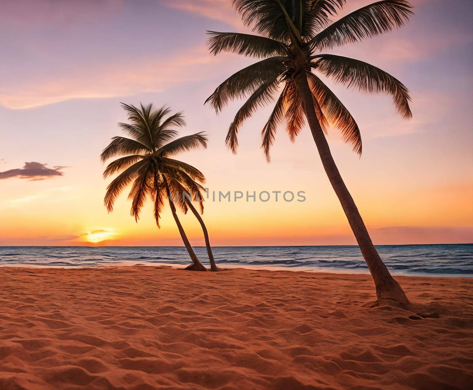 A sunset paints the sky in hues of orange pink over a tranquil beach with a palm tree swaying gently. Waves kiss the shore. Generative AI.