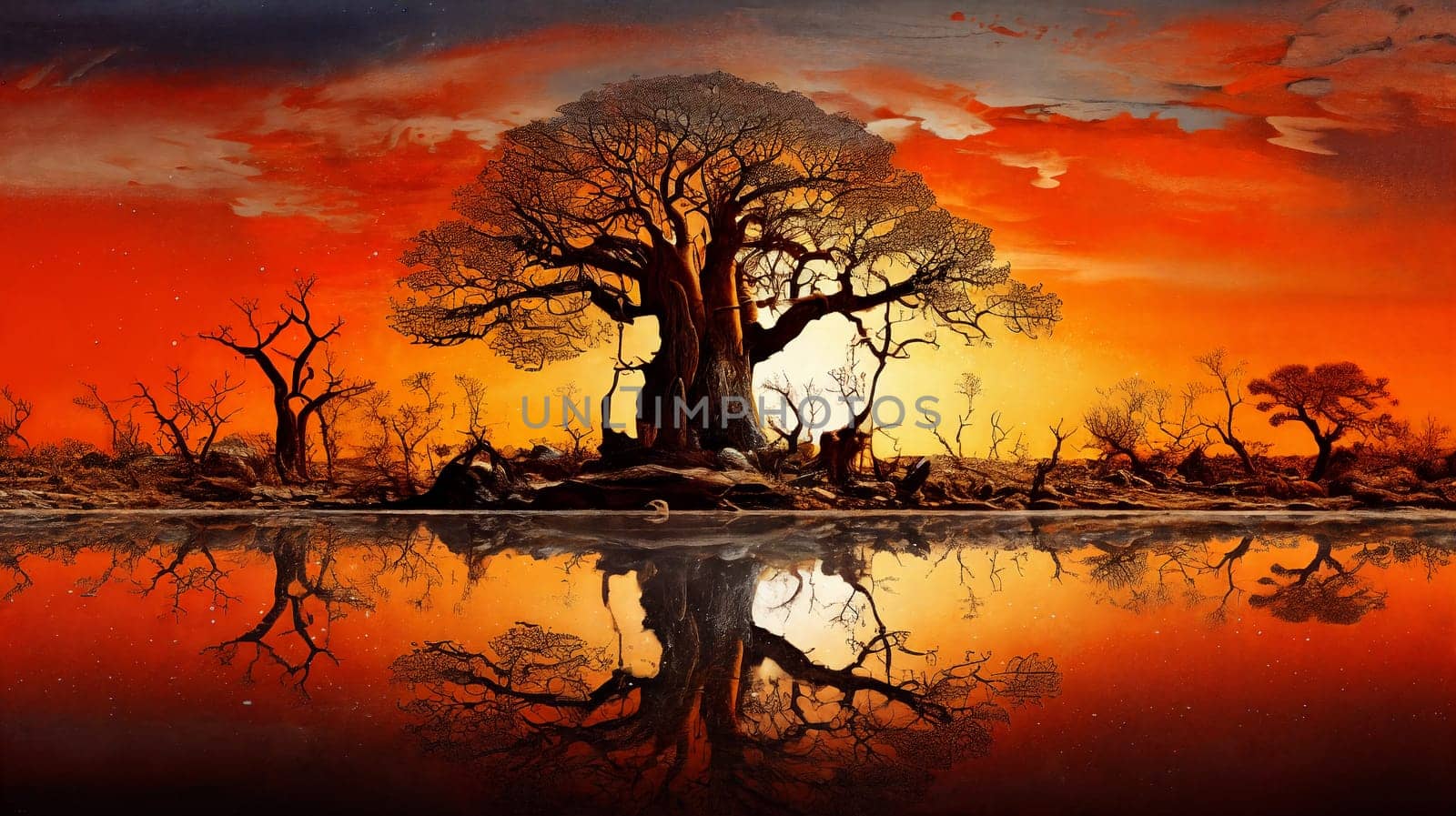 A majestic tree stands tall by the tranquil lake under a sunset sky. Panorama. Generative AI