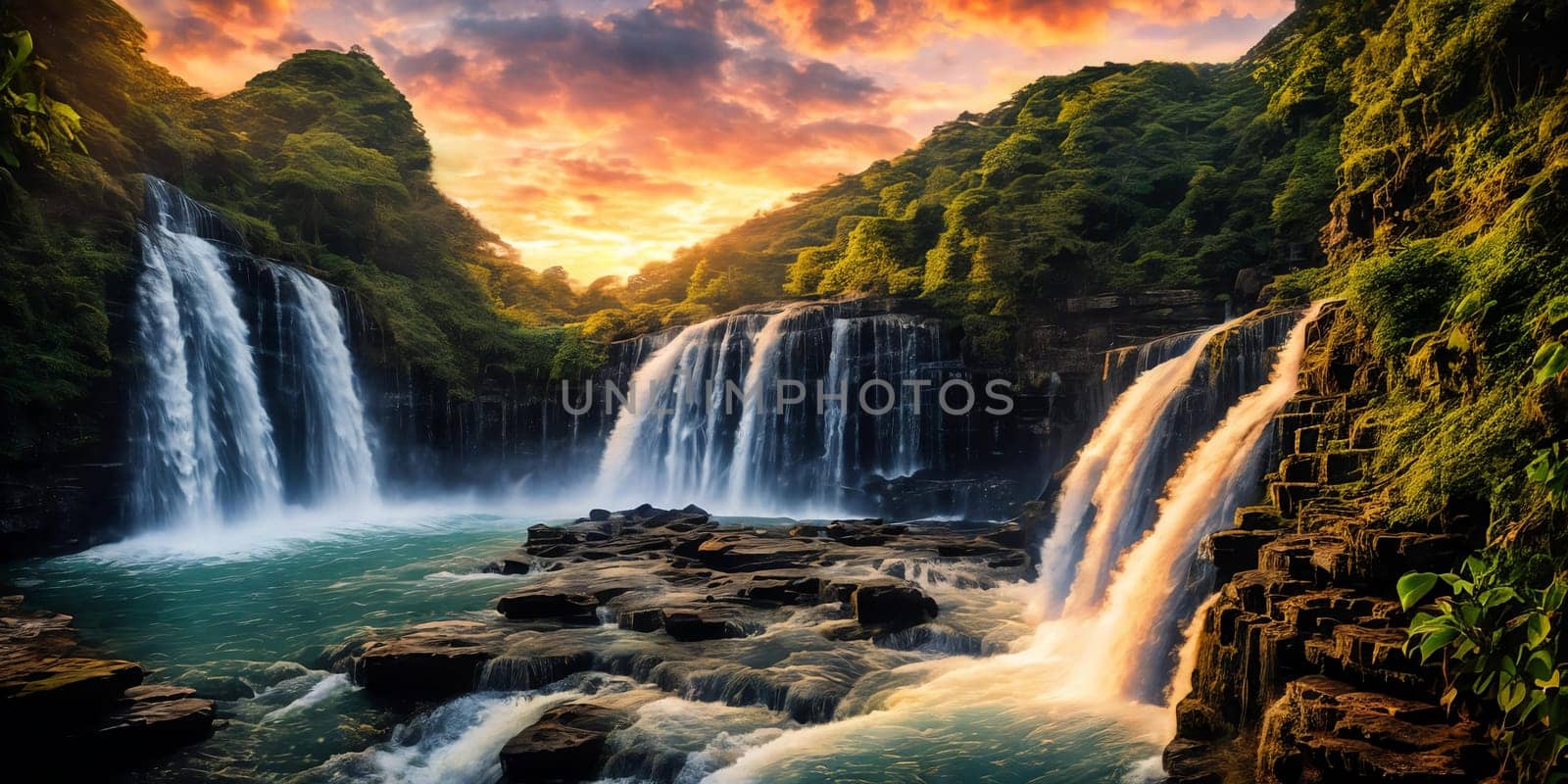 Fantasy landscape with waterfall at sunset, panorama.