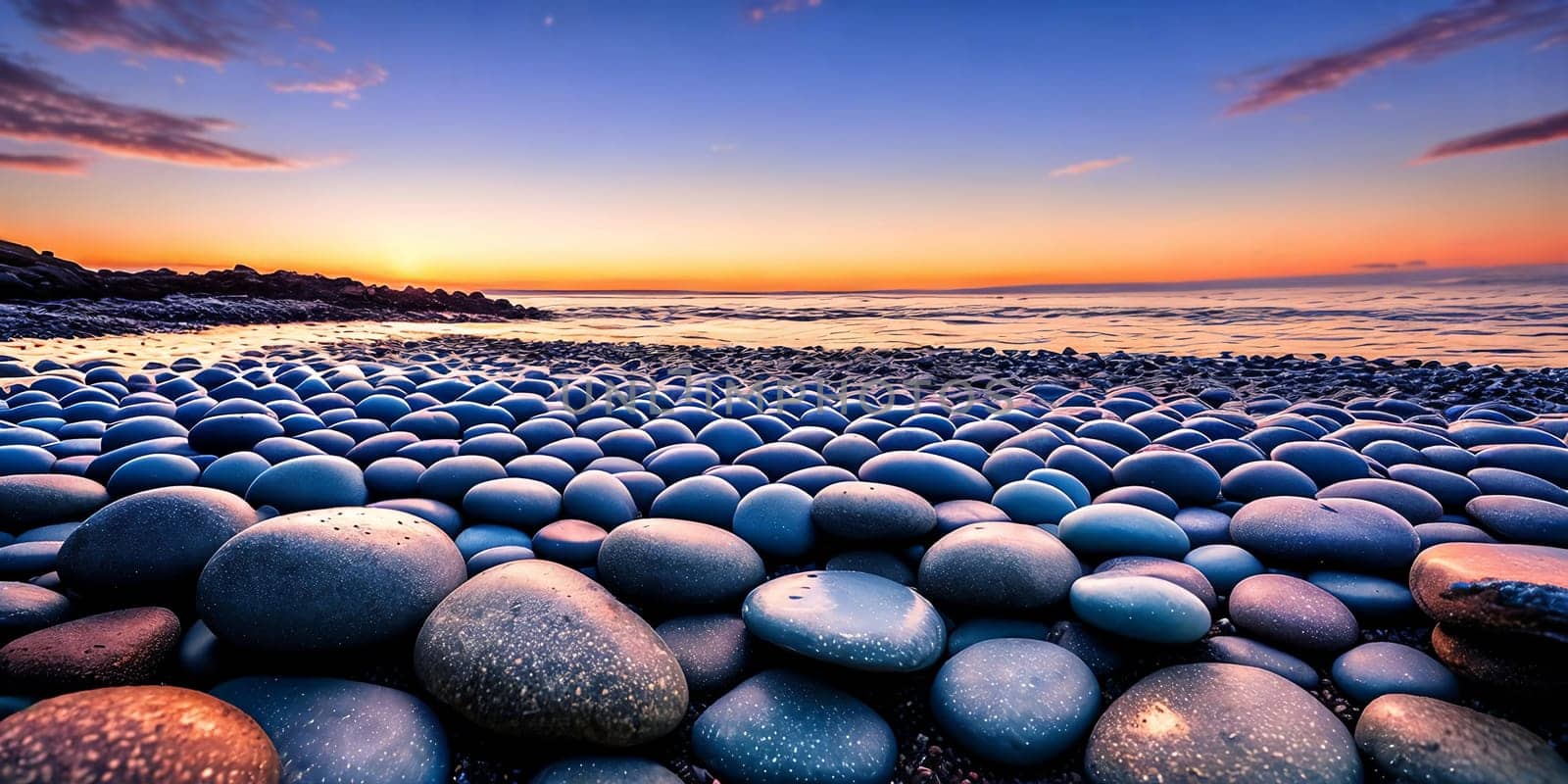 A serene pebble beach glows under the warm hues of the setting sun, casting long shadows as the waves gently caress the shoreline. Generative AI