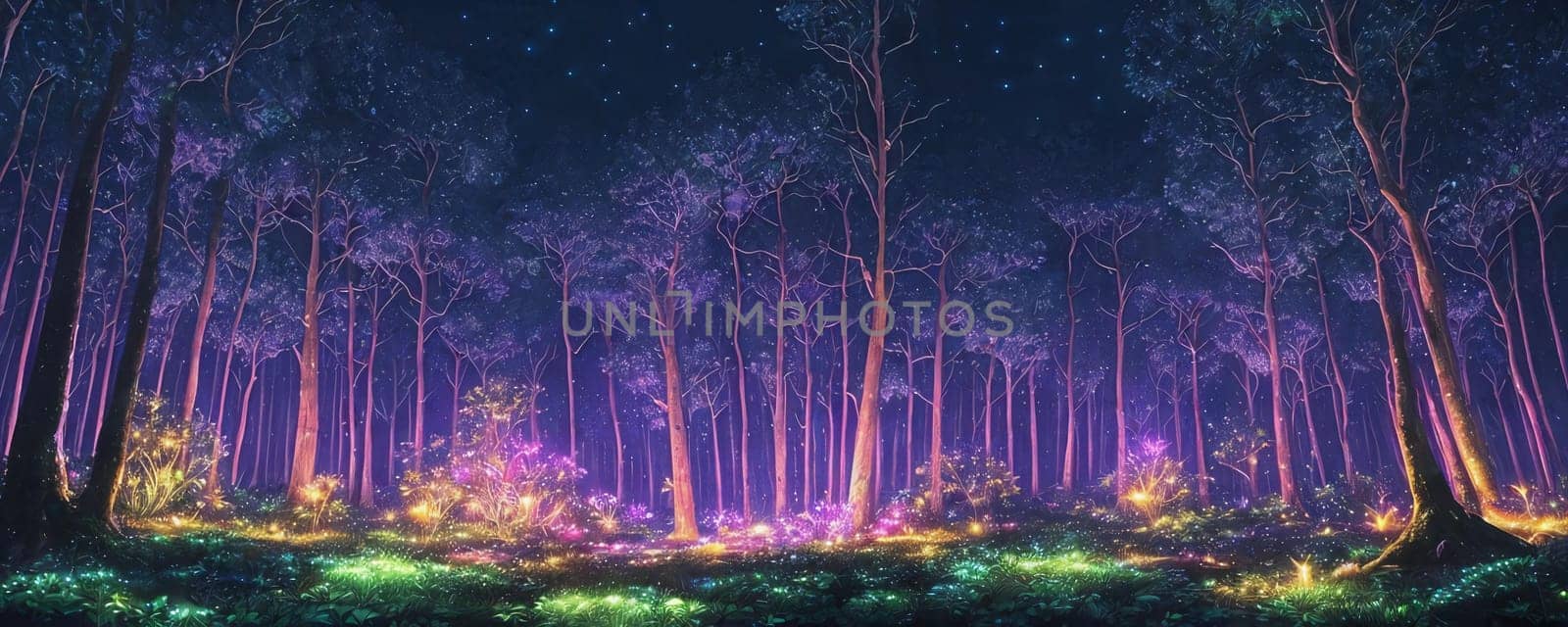 A mystical forest at night with luminescent plants and firefly-like creatures lighting up the scene. AI Generated