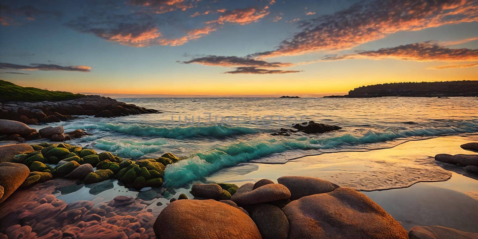 A serene pebble beach glows under the warm hues of the setting sun, casting long shadows as the waves gently caress the shoreline. Generative AI
