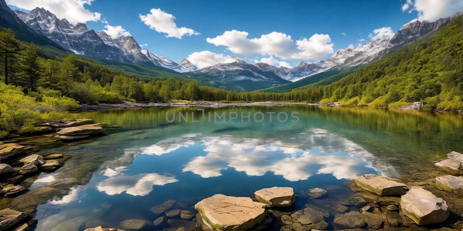 A breathtaking scene at dusk: a serene mountain forest by a glittering lake with a tent pitched. Generative AI