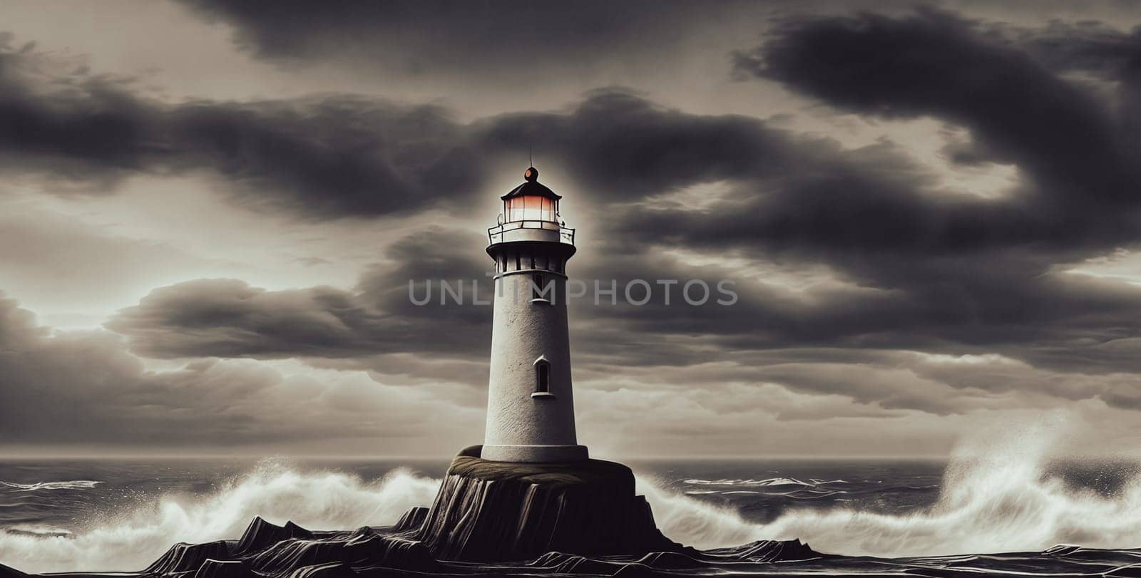 Haunted lighthouse on rocky coast: stormy skies, crashing waves, ghostly light from tower. Eerie atmosphere surrounds the spectral beacon.