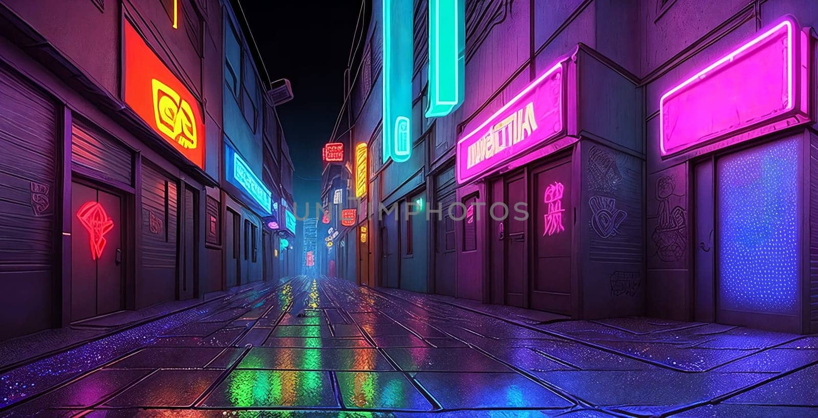 In a cyberpunk alley, neon signs cast a gritty glow on holographic graffiti, rain-soaked pavement glistens under ominous skies.