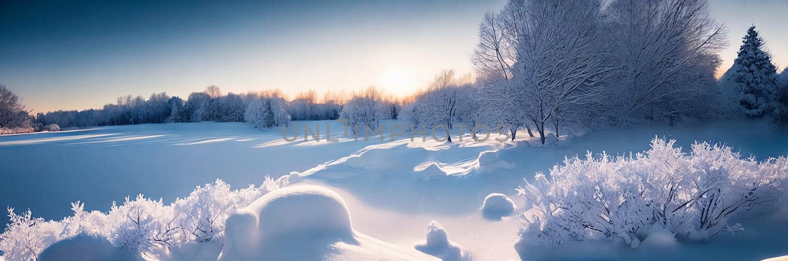 A serene winter landscape, picturesque panorama. Snow-covered landscapes, frost-covered trees, and wintery scenes. Generative
